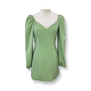 Kendall & Kylie Satin Mini Dress Puff Sleeve Sweetheart Neckline Sage Green Sz S